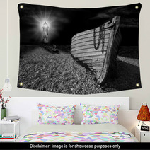 Boat On Beach Lit By The Beam Of Lighthouse Wall Art 43176490