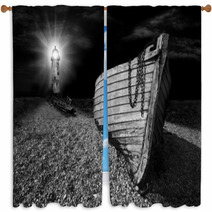 Boat On Beach Lit By The Beam Of Lighthouse Window Curtains 43176490