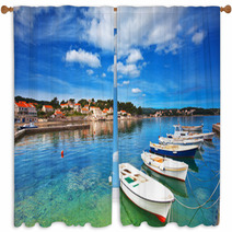 Boats In Marina Of Lumbarda, Croatia Window Curtains 50332974