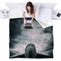 Bomber Big Military Aircraft Front The Frontal Side Dramatic Cloudy Sky Above Plane Blankets 123552588