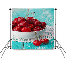 Bowl Of Fresh Red Cherries On Blue Wooden Background Backdrops 54075358