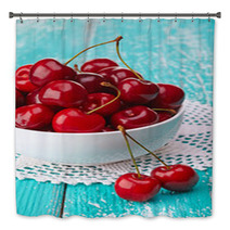 Bowl Of Fresh Red Cherries On Blue Wooden Background Bath Decor 54075358