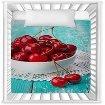 Bowl Of Fresh Red Cherries On Blue Wooden Background Nursery Decor 54075358