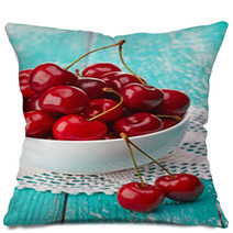 Bowl Of Fresh Red Cherries On Blue Wooden Background Pillows 54075358