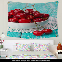 Bowl Of Fresh Red Cherries On Blue Wooden Background Wall Art 54075358