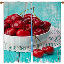 Bowl Of Fresh Red Cherries On Blue Wooden Background Window Curtains 54075358