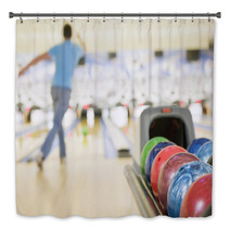 Bowling Ball Machine With Man Bowling In The Background Bath Decor 8093154
