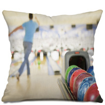 Bowling Ball Machine With Man Bowling In The Background Pillows 8093154