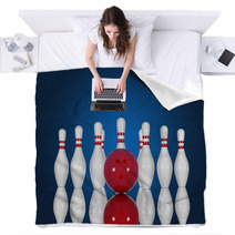 Bowling Pins And Ball On A Blue Background Blankets 67634311