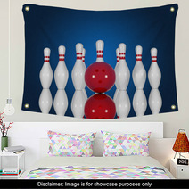 Bowling Pins And Ball On A Blue Background Wall Art 67634311