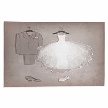 Bride Dress And Groom's Suit On Grungy Background Rugs 55472439