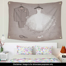 Bride Dress And Groom's Suit On Grungy Background Wall Art 55472439