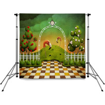 Bright Green Background With Arch, Roses And Flamingos Backdrops 60261103