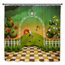 Bright Green Background With Arch, Roses And Flamingos Bath Decor 60261103