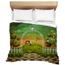 Bright Green Background With Arch, Roses And Flamingos Bedding 60261103