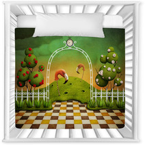 Bright Green Background With Arch, Roses And Flamingos Nursery Decor 60261103
