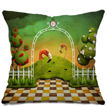 Bright Green Background With Arch, Roses And Flamingos Pillows 60261103