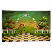 Bright Green Background With Arch, Roses And Flamingos Rugs 60261103