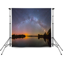 Bright Milky Way Over The Lake At Night (panoramic Photo) Backdrops 67926227