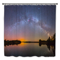 Bright Milky Way Over The Lake At Night (panoramic Photo) Bath Decor 67926227