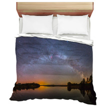 Bright Milky Way Over The Lake At Night (panoramic Photo) Bedding 67926227