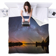 Bright Milky Way Over The Lake At Night (panoramic Photo) Blankets 67926227