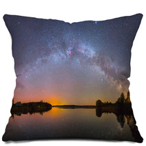 Bright Milky Way Over The Lake At Night (panoramic Photo) Pillows 67926227