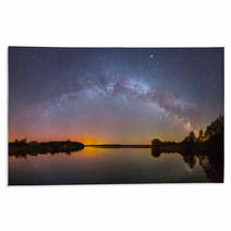 Bright Milky Way Over The Lake At Night (panoramic Photo) Rugs 67926227