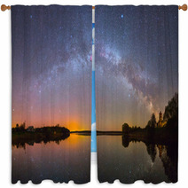 Bright Milky Way Over The Lake At Night (panoramic Photo) Window Curtains 67926227