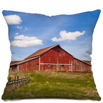 Bright Red Barn And Clear Day Sky Pillows 63649378