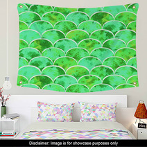 Bright Scales Shapes Abstract Grunge Colorful Splashes Texture Watercolor Seamless Pattern Design In Green Colors Palette Wall Art 190494089