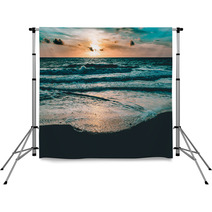 Bright Sun Rising In The Colorful Sky Over Dark Sand And Waves Backdrops 176183048