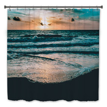 Bright Sun Rising In The Colorful Sky Over Dark Sand And Waves Bath Decor 176183048