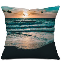 Bright Sun Rising In The Colorful Sky Over Dark Sand And Waves Pillows 176183048