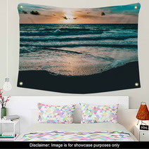 Bright Sun Rising In The Colorful Sky Over Dark Sand And Waves Wall Art 176183048