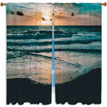 Bright Sun Rising In The Colorful Sky Over Dark Sand And Waves Window Curtains 176183048
