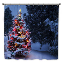 Brightly Lit Snow Covered Holiday Christmas Tree Winter Storm Bath Decor 54236814