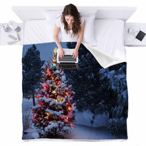 Brightly Lit Snow Covered Holiday Christmas Tree Winter Storm Blankets 54236814