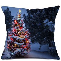 Brightly Lit Snow Covered Holiday Christmas Tree Winter Storm Pillows 54236814