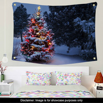 Brightly Lit Snow Covered Holiday Christmas Tree Winter Storm Wall Art 54236814