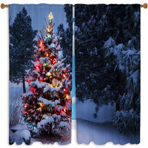 Brightly Lit Snow Covered Holiday Christmas Tree Winter Storm Window Curtains 54236814