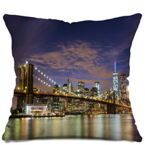 Brooklyn Bridge And Downtown Skyscrapers In New York At Dusk Pillows 70432328