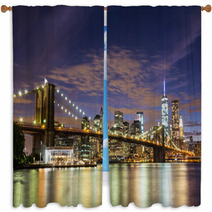 Brooklyn Bridge And Downtown Skyscrapers In New York At Dusk Window Curtains 70432328