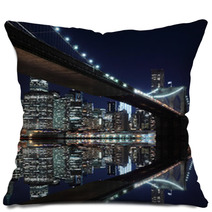 Brooklyn Bridge And Manhattan Skyline At Night, New York City Pillows 37590634