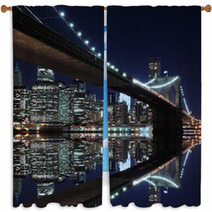 Brooklyn Bridge And Manhattan Skyline At Night, New York City Window Curtains 37590634