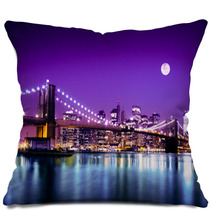 Brooklyn Bridge And NYC Skyline With Full Moon Pillows 48755303