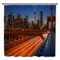 Brooklyn Bridge At Night With Light Trails Formed By The Moving Cars Bath Decor 90170629