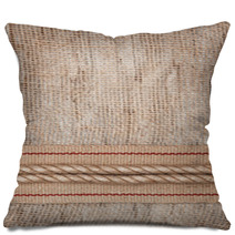 Burlap Background With Sacking Ribbon And Rope Pillows 57886759