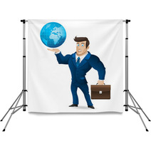 Businessman Holding Briefcase And Globe Backdrops 53235703