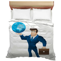 Businessman Holding Briefcase And Globe Bedding 53235703